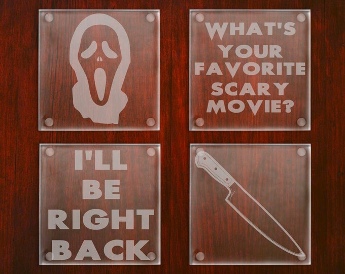 Scream Horror Movie Hand Etched Glass Coaster Gift Set | Birthday Gift For Her | Gifts For Him | Horror Movie Fan Gift | Horror Coaster Set