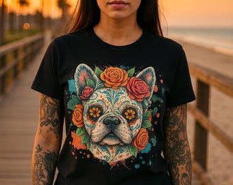 Floral French Bulldog T-Shirt, Cute Pet Lover Gift, Unisex Softstyle Tee for Dog Owners, Birthday, Casual Wear, Animal Lover Apparel