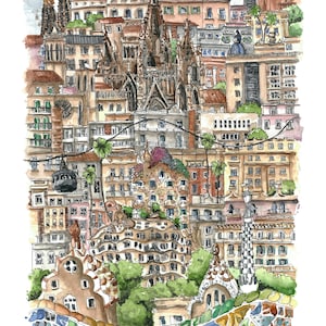 Barcelona collage painting. Fine art print.