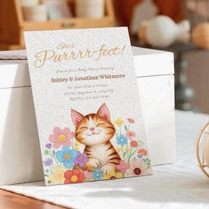Invitación personalizable de baby shower de gato, descarga digital DIY, temática de gatito adorable, plantilla editable de Canva, invitación instantánea para fiesta