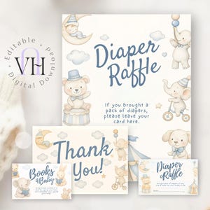 Circus babyshower luierloterijbundel voor jongen, carnavalsthema met grote tent en popcorndetails, afdrukbare kaarten, direct download