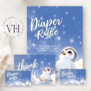 Cartes de tombola de couches pour baby shower d'hiver, thème pingouin avec détails enneigés, livre pour bébé signe et invitation, téléchargement immédiat