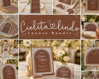 May include: A collection of brown and white event stationery with floral lace designs. Includes invitations, menu cards, thank you cards, and signs for a baby shower. The text "Cielito Lindo" and "Luxury Bundle" are visible.