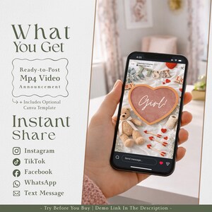 May include: A smartphone displays a baby announcement with a heart-shaped design that says "Girl!" and a teddy bear. The image includes text: "What You Get," "Instant Share," and social media icons for Instagram, TikTok, Facebook, WhatsApp, and Text Message.