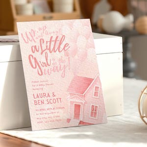 Editable Baby Shower Invitation, Hot Air Balloon, Up up and away, Theme for Girl, Flying House Style, Canva Template, Digital Download