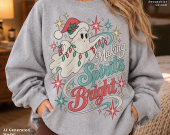 Making Spirits Bright Sweatshirt, Christmas Ghost Tangled in Lights, Vintage Spookmas Design, Ugly Sweater