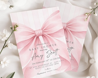 Blush Pink Bow Baby Shower Invite: Vintage coquette style, digital download, editable template | VD02