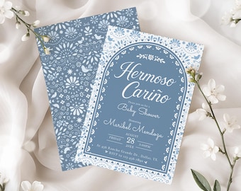 Denim Blue Hermoso Cariño Baby Shower Invitation Template: Cielito Lindo baby shower editable digital download modern floral invite | CL02