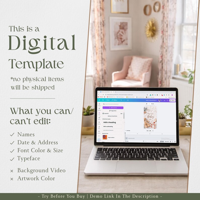 May include: A laptop displaying a digital template design interface. Text on the screen includes "Add a heading." The laptop is open on a wooden surface, with text on the left side that reads "This is a Digital Template."