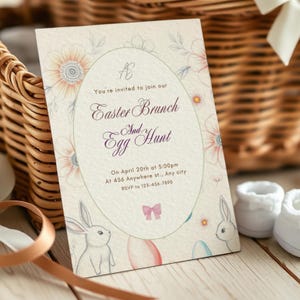 Edytowalne zaproszenie na imprezę Easter Egg Hunt, cyfrowe pobieranie DIY, niestandardowy szablon Canva, zaproszenie na wiosenny brunch dla dzieci i rodzin