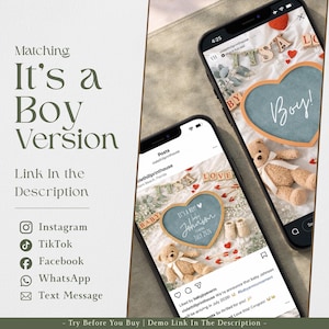 May include: Two smartphones displaying a baby announcement with a blue heart that says "Boy!" and "It's a Boy!" The announcement includes a teddy bear, baby shoes, and the text "Johnson July 2026". The image also includes social media icons.