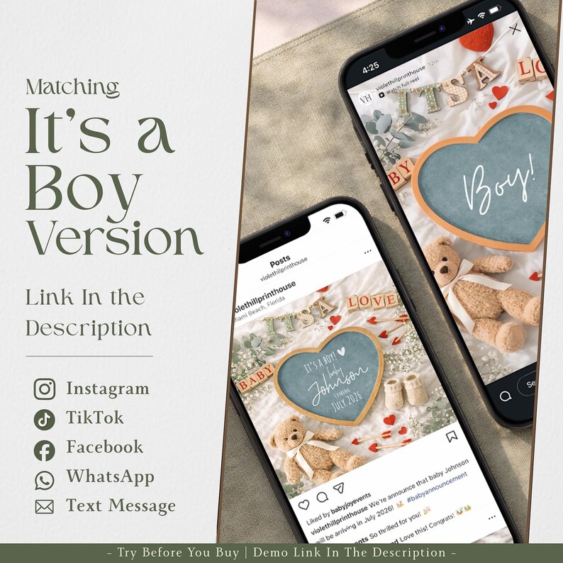 May include: Two smartphones displaying a baby announcement with a blue heart that says "Boy!" and "It's a Boy!" The announcement includes a teddy bear, baby shoes, and the text "Johnson July 2026". The image also includes social media icons.