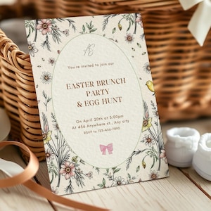 Edytowalne zaproszenie na polowanie na pisanki i brunch, niestandardowy szablon Canva, cyfrowe pobieranie DIY, natychmiastowe drukowane zaproszenie wiosenne | Easter Finds