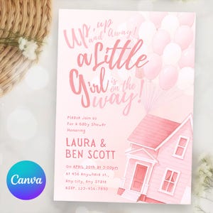 Editable Baby Shower Invitation, Hot Air Balloon, Up up and away, Theme for Girl, Flying House Style, Canva Template, Digital Download