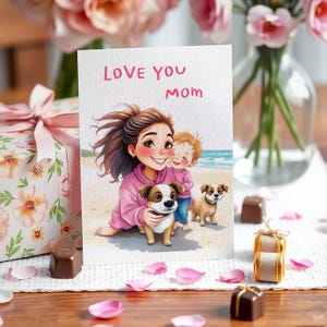 Biglietto d'auguri modificabile per la famiglia in spiaggia, modello personalizzato per la festa della mamma con mamma, bambino e cane, auguri Canva