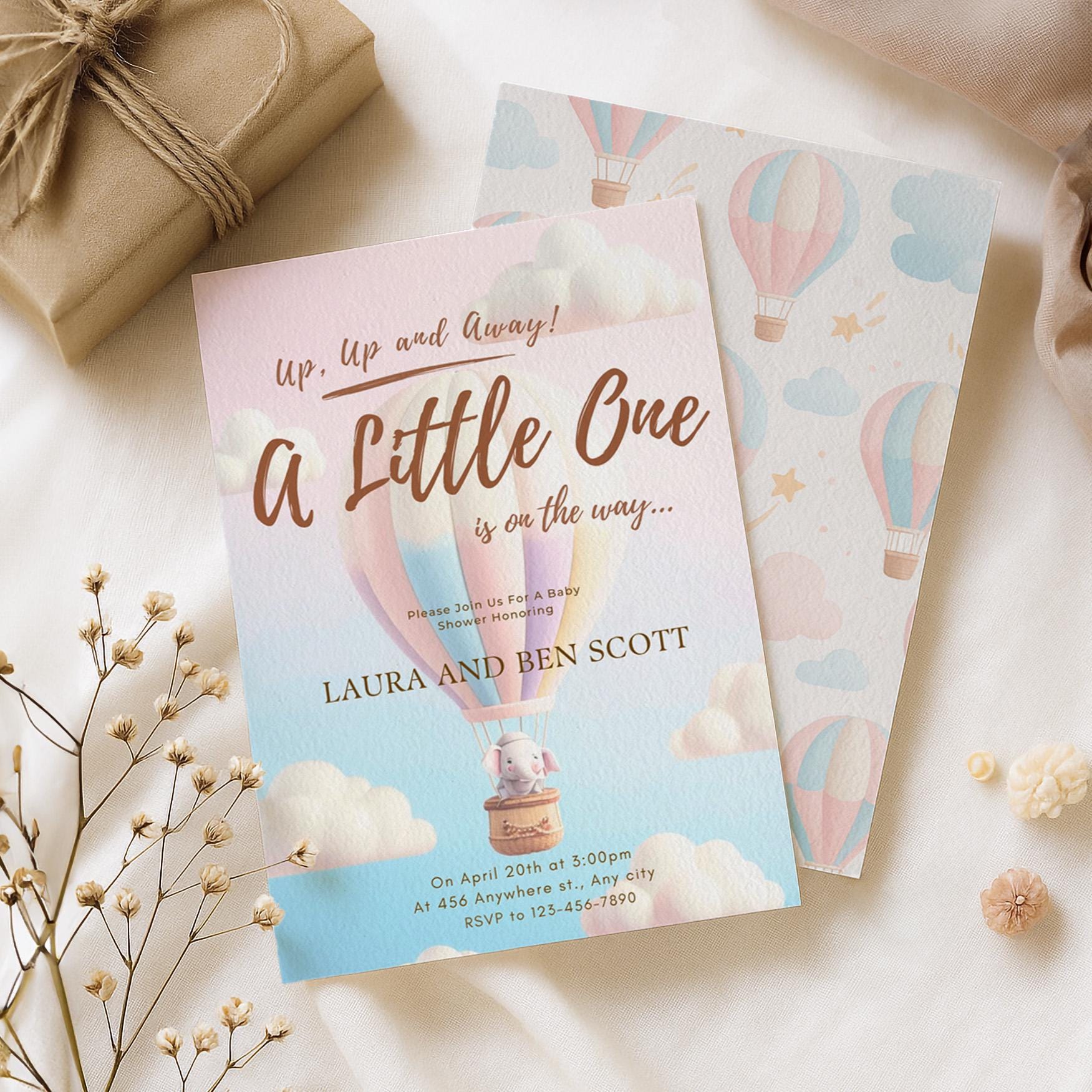 Hot Air Balloon Baby Shower Invitation, Up Up and Away Theme with Floating Balloon Style, Printable DIY Invite, Instant Download
