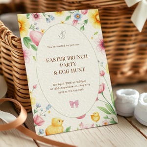 Personalizowane zaproszenie na wielkanocny brunch, impreza polowania na pisanki, edytowalny szablon Canva DIY, natychmiastowe cyfrowe pobranie zaproszenia na wiosnę