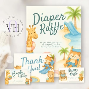 Lot de tombola de couches pour baby shower, fête d'été à la piscine, thème des plaisirs aquatiques avec de jolis animaux flottants, cartes à imprimer, téléchargement immédiat