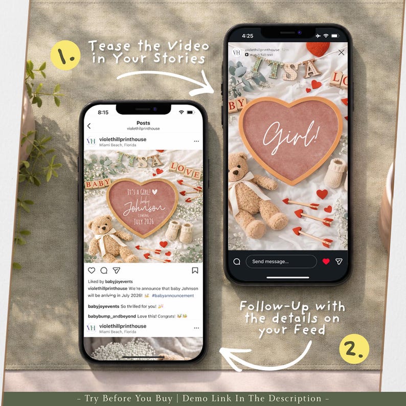 May include: Two smartphones display baby announcement posts. One shows a heart-shaped sign that reads "It's a Girl!" with a teddy bear and arrows. The other shows a heart-shaped sign that reads "It's a Girl!" with a teddy bear and baby shoes.