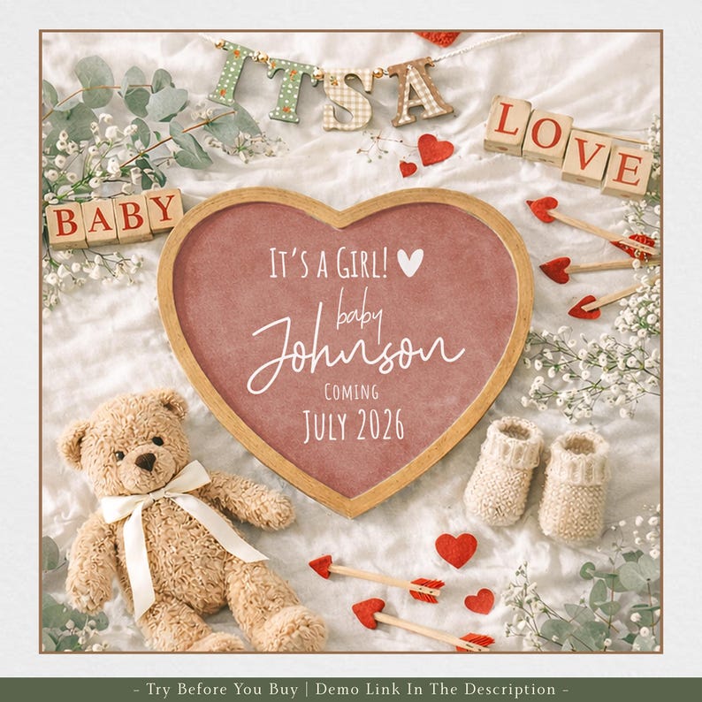 May include: A heart-shaped sign with the text "It's a Girl! baby Johnson Coming July 2026" is surrounded by baby-themed decorations. A teddy bear, baby booties, and wooden blocks spelling "BABY" and "LOVE" are also present.