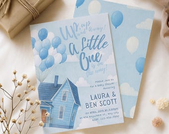 Hot Air Balloon Baby Shower Invitation for Boy, Up Up and Away Theme with Flying House Style, Printable Invite, Instant Download