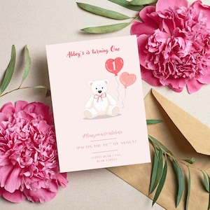 Editable One Teddy Bear 1st Birthday Invitation, Teddy Bear Birthday Invite, 1st Birthday Girl Pink Invite Printable, Teddy Invite