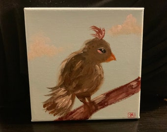 May include: A painting of a brown bird with a red crest perched on a branch. The background is a light blue with pink clouds.