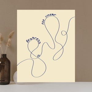Puede incluir: Un póster de color crema con un dibujo de línea azul de una línea ondulada. El texto "progress is not linear" está escrito en azul en el póster.