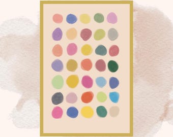 Könnte beinhalten: Ein gerahmter Druck mit einem farbenfrohen Muster aus 36 Kreisen in verschiedenen Schattierungen von Rosa, Rot, Orange, Gelb, Grün, Blau, Lila und Braun.