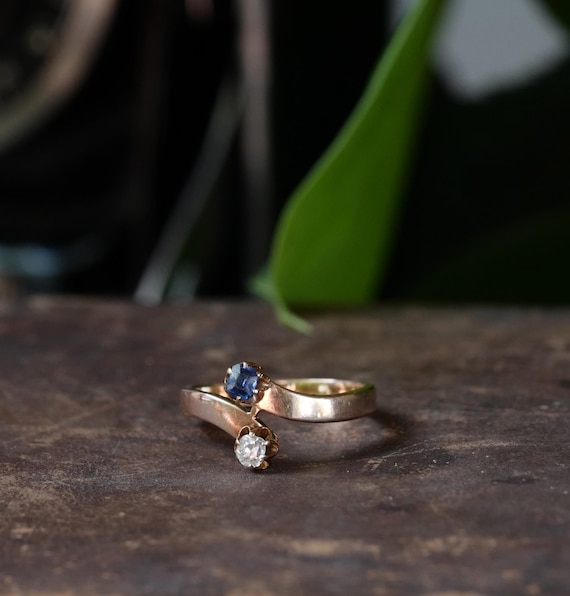 Victorian Bypass Ring 14K Spinel and Old Mine Dia… - image 1