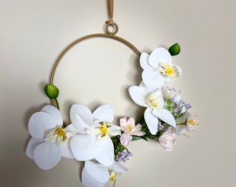 Miniature Orchid Wreath - Pink Flowers, Purple Berries, and Gold Hoop Wreath