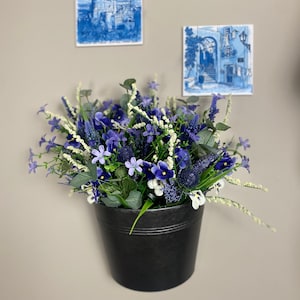 Rustic Elegance: Hanging Galvanized Bucket with Dark Metal Finish - Wild Pansies and Flowers in Shades of Purple, White, and Green