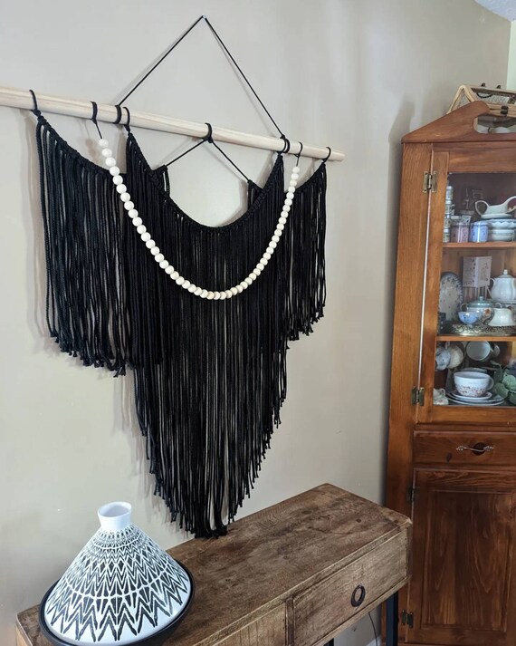 Black Macramé Wall Hanging with Wood Bead Accents