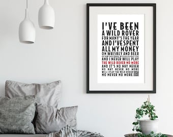 The Wild Rover Lyrics Print | The Wild Rover Song Poster | Irish Song Print | Music Print | Irish | A4/A3/A2/A1 size by Mayfly Prints