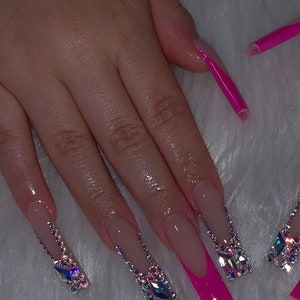 White French Tip Press on Nails With Cherry Charms and Pink Crystals YDK  Valentines Day 2024 Gift 
