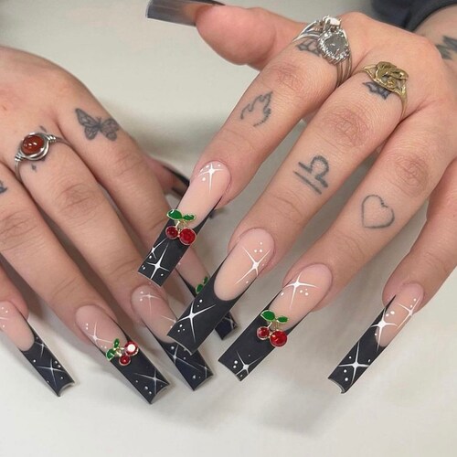 XXL Black French Tip Cherry Nails Etsy