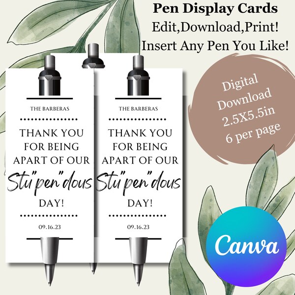 Editable Pen Holder, Pen Display Cards, Wedding favors, Pen wedding favor holder,Bridal Shower Favors, Pen Favors, Baby Shower Favors