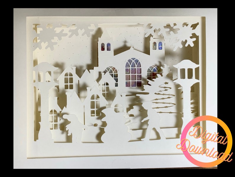 Download Winter village 3D layered paper cut template light box SVG ...