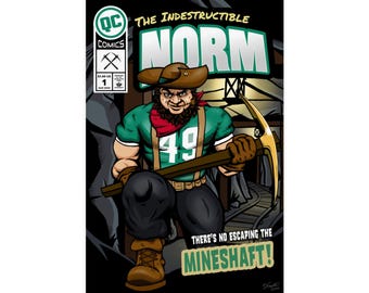 Póster de cómic con la mascota original de los Charlotte 49ers / Primera edición / Obra de arte original / Póster de portada de cómic / The Indestructible Norm