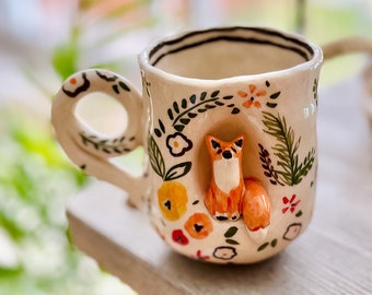 Handmade Ceramic Mug with Fox Detail