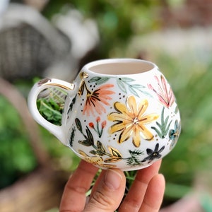 Handmade Ceramic Floral Mug with Real Gold