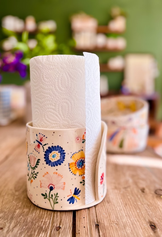 Floral Handmade Ceramic Paper Towel Holder - Etsy Hand Crafted Ceramic , Towel holder main image 0