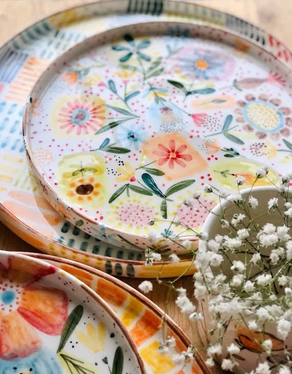 Handgetöpferte Keramik Blumen Teller
