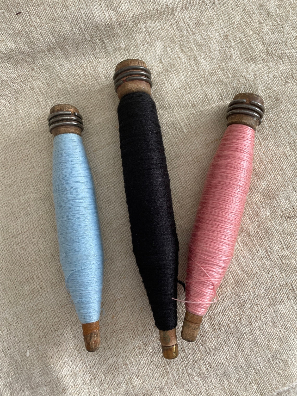 Vintage wooden textile spools with thread farmhouse cottage Etsy
