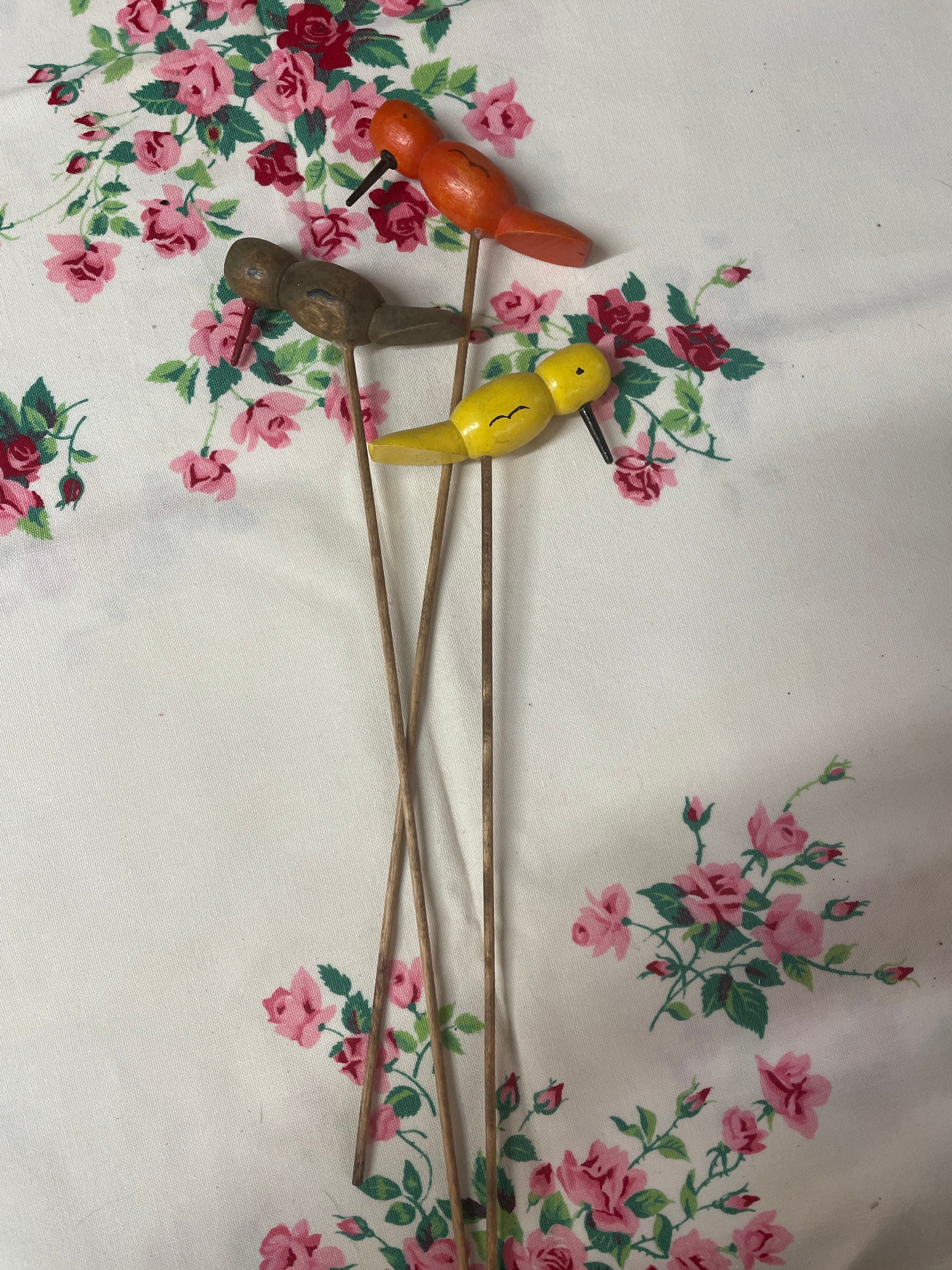 3 vintage floral Wooden Bird picks vintage flower arrangement Etsy