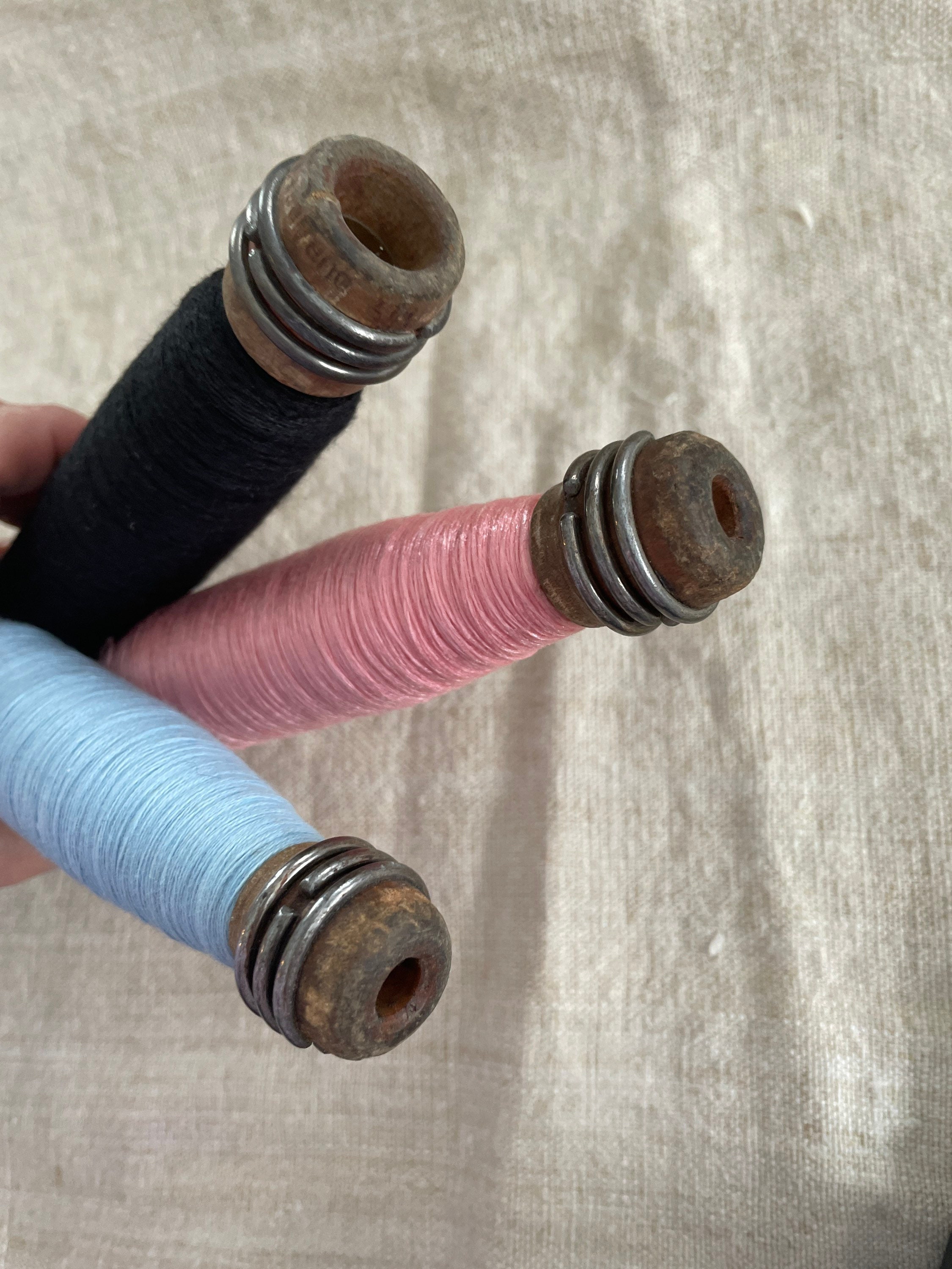Vintage wooden textile spools with thread farmhouse cottage Etsy