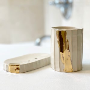 Bathroom set soap dish toothbrush pot / cup luxury bathroom with 22k gold luster image 1