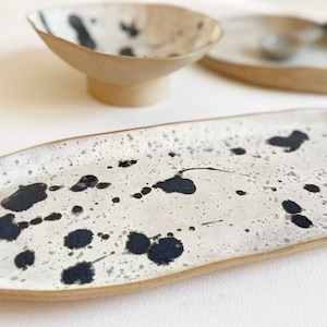 Stoneware Speckled Hand Built 14" Serving Platter  / Linen/Blue Splash/Floating Blue/Sedona