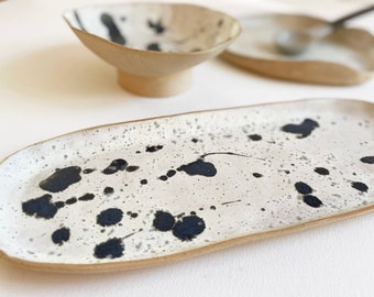 Stoneware Speckled Hand Built 14" Serving Platter  / Linen/Blue Splash/Floating Blue/Sedona