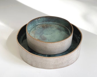 Hand Built Stoneware double-sided plate, Centerpiece, Modern Design Pottery, Unique Tableware, Large Serving bowl/ Gathering